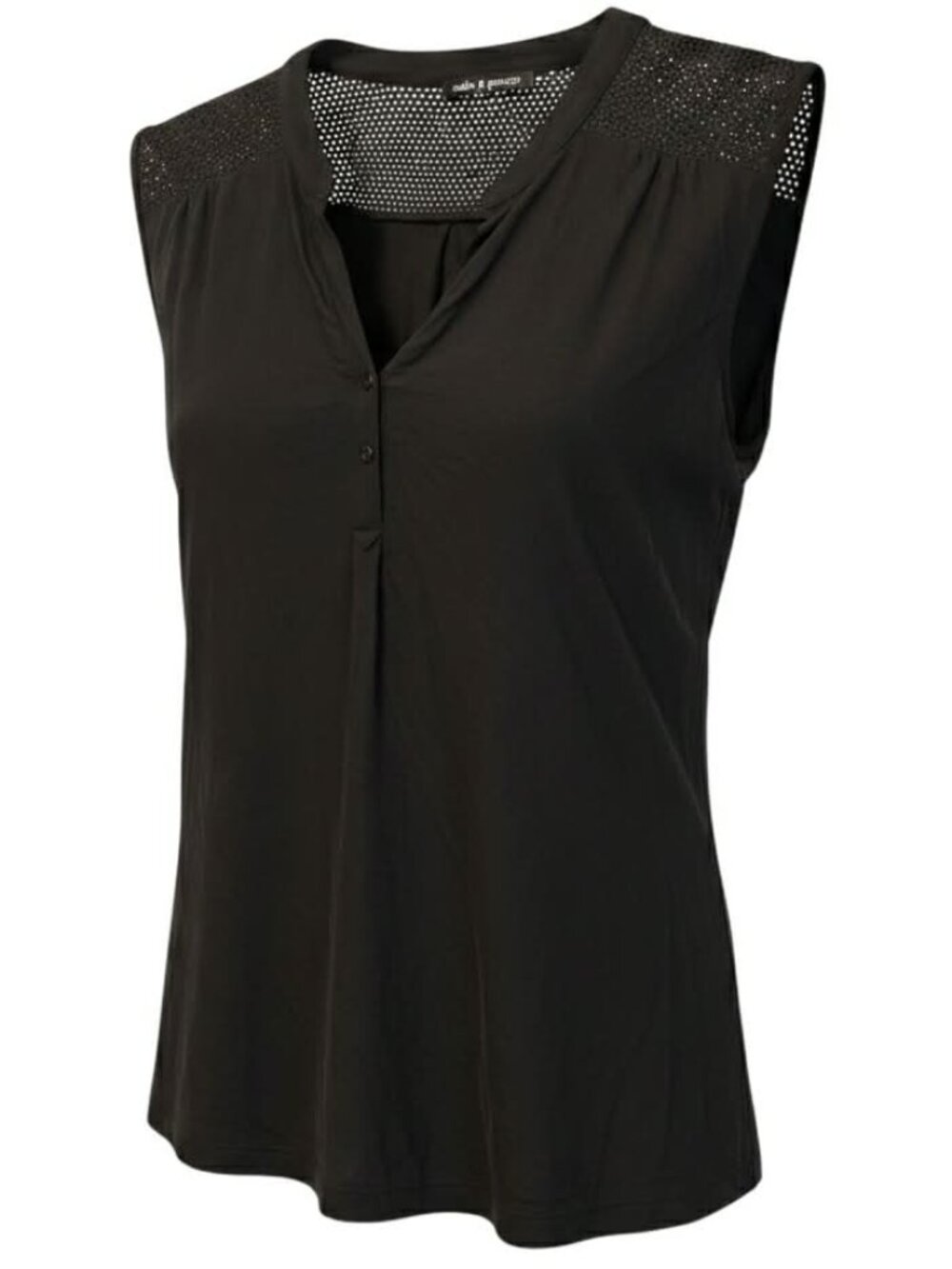 Cable & Gauge Size M Black Sleeveless Mesh Paneling Detail Henley-Style Blouse